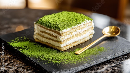 Artisanal matcha tiramisu dessert with vibrant green tea powder dusting on white cream layers served on elegant black slate with golden spoon presentation