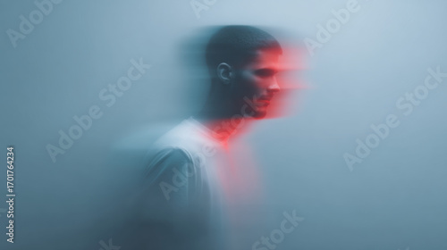 An abstract portrait of a man, captured with a blurred effect, evoking the feeling of a transient thought. The image blends the person into a mix of colors that adds emotion and character.