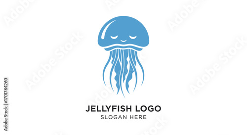 Cute cartoon jellyfish logo design, serene blue, simple style.
