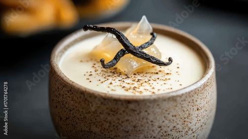 Artisanal vanilla bean panna cotta with golden caramel garnish and authentic vanilla pod decoration in handcrafted ceramic ramekin