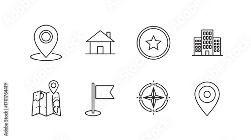 Collection of navigation and location icons in a distressed silhouette style