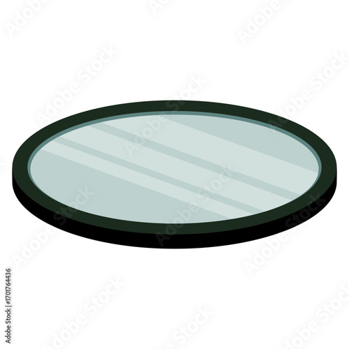 A sleek, modern round mirror reflecting a minimalist room with soft lighting and decor