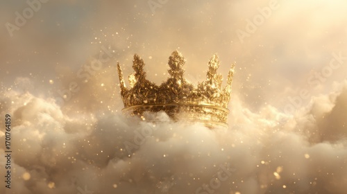 A golden royal crown floats amongst fluffy, golden clouds with sparkling light effects