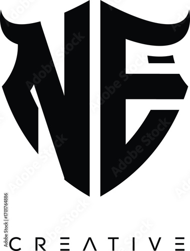 Fotografie NE Shield Monogram Logo with Bull Horn – Bold Emblem Symbol for Security, Protec