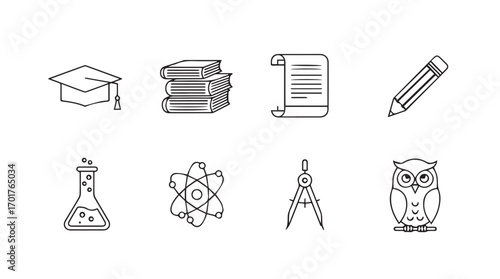 Collection of education and knowledge symbols in a simple line art silhouette