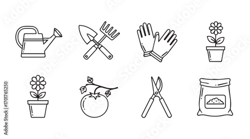 Collection of gardening tools and plants silhouette