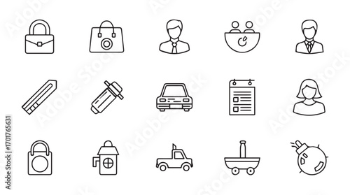 Collection of hand drawn business and service icons in a simple silhouette style