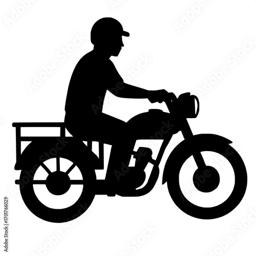 "Stylized black silhouette of a casual adult rider on a tricycle motorcycle with metal-framed side-cart, simple profile layout, plain background."