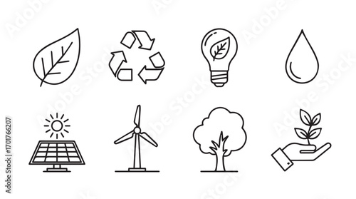 Collection of hand drawn eco friendly energy and nature icons silhouette
