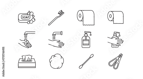 Collection of bathroom hygiene and personal care icons in a hand drawn silhouette style