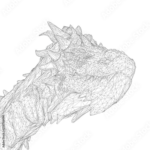 Dragon head wireframe illustration with intricate scales, curved horns, and sharp teeth. Its wide alert eyes and flicking tongue suggest a powerful roar.