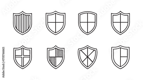 Collection of eight hand drawn shield emblems in a rough sketch silhouette style