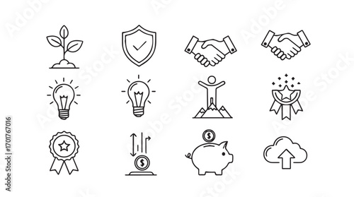 Collection of business and finance icons in a clean silhouette style