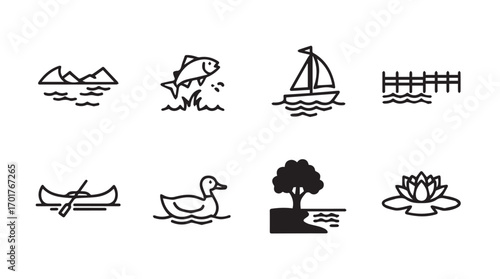 Collection of outdoor nature and recreation icons in a simple silhouette style