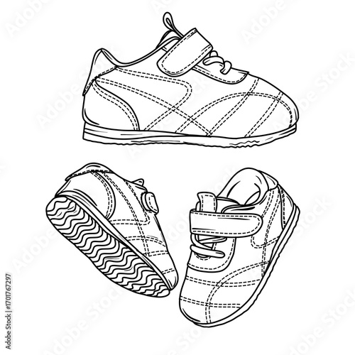 A collection of three black and white line art illustrations of a childs sneaker shown from different angles. The shoe features a velcro strap and detailed stitching.