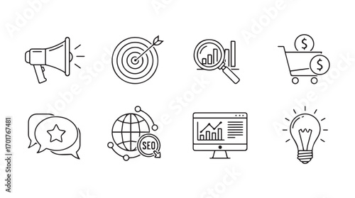 Collection of business and marketing icons in a hand drawn silhouette style