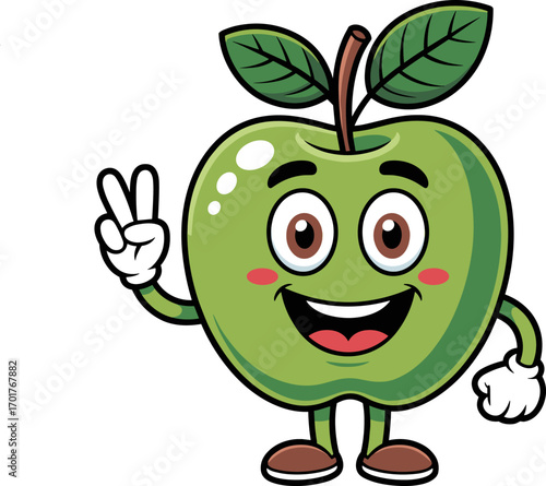 A Jolly Green Apple Character with a Big Smile and Two Fingers Held Up in a Peace Sign Symbolizing Fun and Good Vibes in a Whimsical Illustration