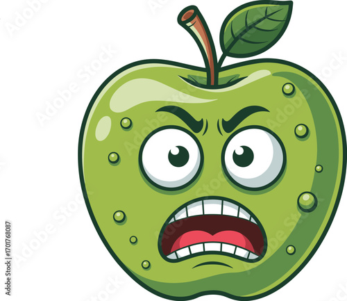 This cartoon green apple with a very angry expression and wide eyes appears to be shouting or making a fierce face with its mouth open in a furious display of intense emotion and agitation