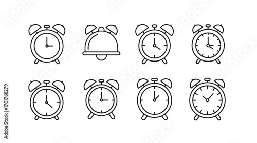 Collection of hand drawn alarm clock and bell icons in a simple silhouette style