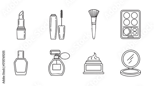 Collection of cosmetic and makeup items in a simple line art silhouette style