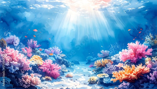 Fototapeta Naklejka Na Ścianę i Meble -  A vibrant underwater scene showcases colorful coral reefs bathed in sunlight, creating a serene and picturesque underwater landscape.