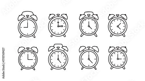 Collection of eight vintage alarm clock silhouettes showing different times silhouette