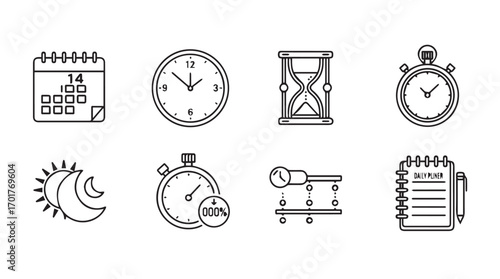 Collection of time related icons in a simple line drawing silhouette style