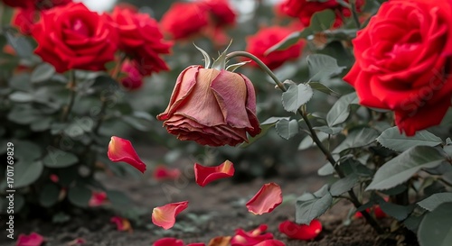 A surreal garden moment where vibrant red roses bloom above wilted petals below—capturing nature’s delicate balance between beauty and impermanence