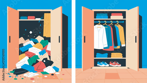 illustration of the condition of the wardrobe before and after being tidied up vector design template