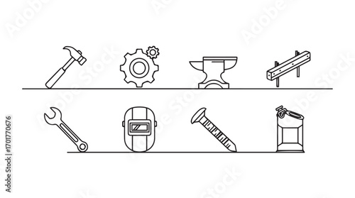 Collection of industrial tools and equipment in a simple line drawing silhouette