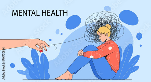 Mental Health Support Woman Untangling Thoughts Anxiety Depression Help Concept