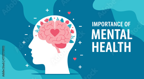 Mental Health Awareness Brain with Heart and Flowers Vector Illustration