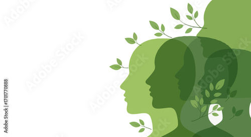 Green leaves and human heads Ecology growth and mental health concept