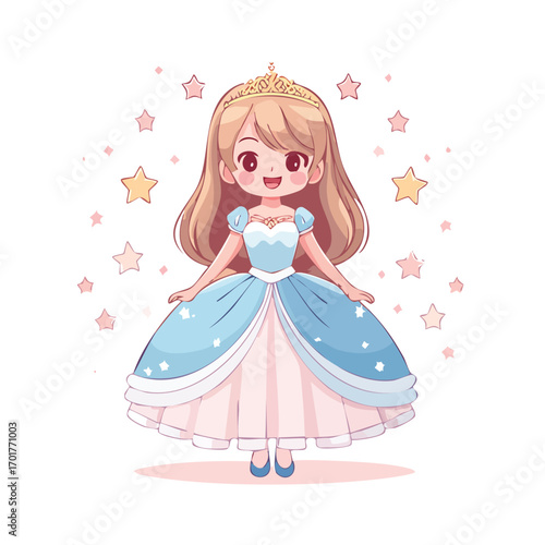 Cute Anime Princess Girl in Blue Dress with Tiara - AI Generated