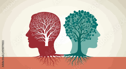 Intertwined Minds Conceptual Illustration of Two Heads with Tree like Brains and Shared Roots