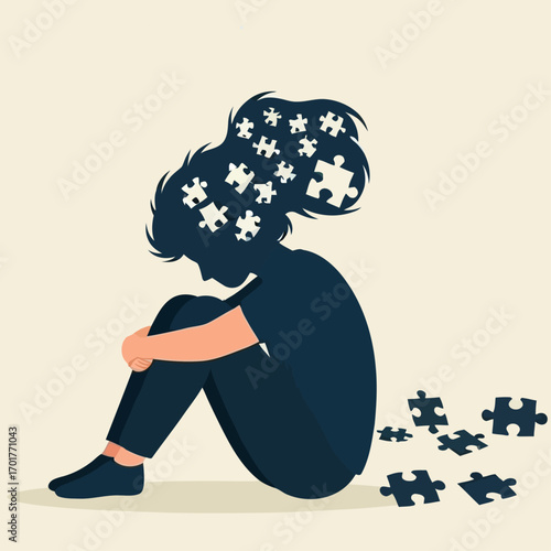 Sad Girl with Puzzle Pieces Mental Health Autism Depression Jigsaw Vector Illustration