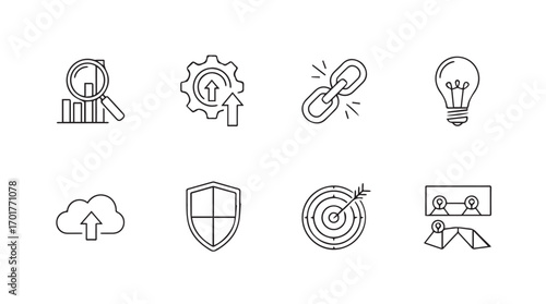Collection of business strategy and digital marketing icons in a hand drawn silhouette style