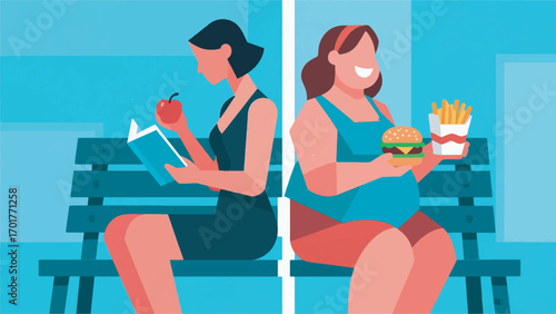 illustration of a comparison of two opposing women's lifestyles vector design template