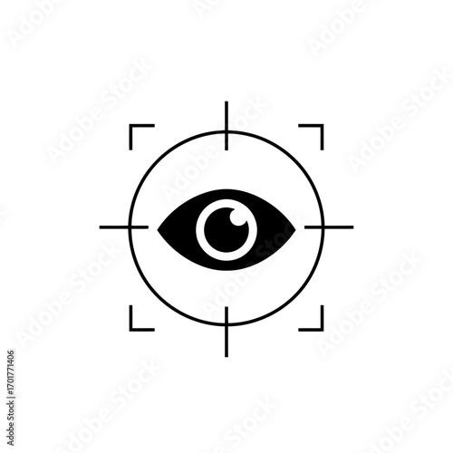 Vector art of black eye icon within a target or crosshair symbol, representing vision and focus