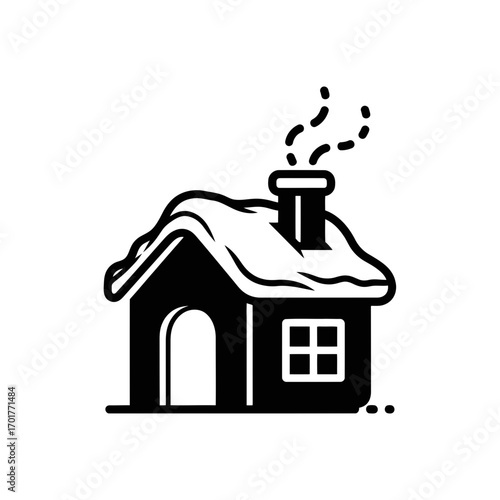Vector art of cozy winter house icon with smoke coming from chimney, representing home, warmth, and a snowy season