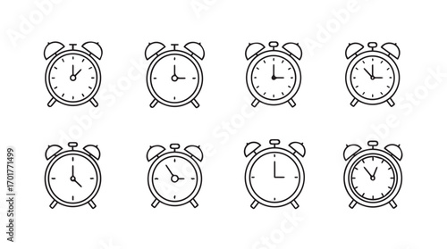 Collection of eight vintage alarm clock silhouettes in a grid pattern silhouette