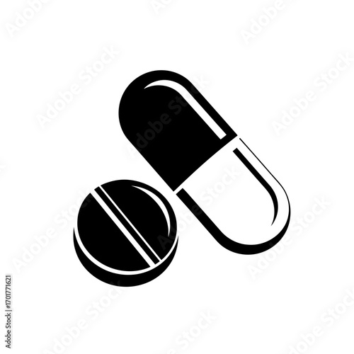 Vector art of closeup of a medical capsule and a round pill