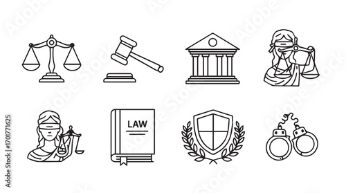 Collection of legal and justice symbols in a clean line art silhouette style