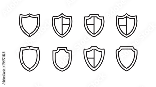 Collection of shield icons in a simple outline silhouette style for security and protection concepts