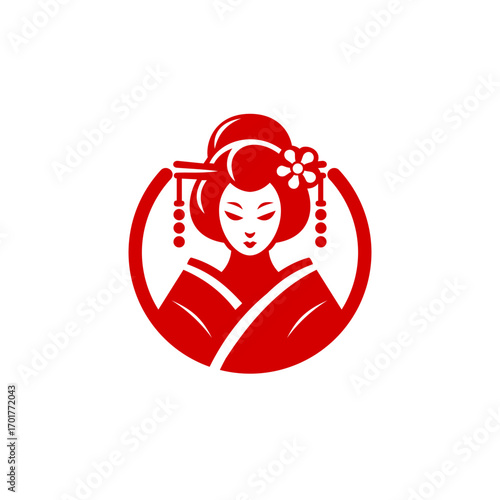 Elegant vector illustration of a traditional Japanese geisha in kimono with hair accessories and flower