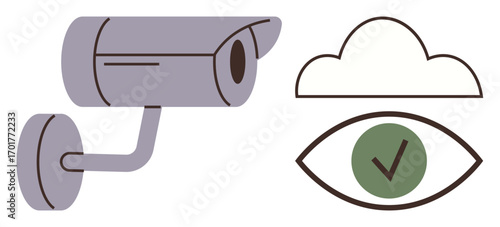Security camera facing cloud and checkmark inside eye symbol, conveying data surveillance and online monitoring. Ideal for security, cloud storage, privacy, technology, monitoring, data management