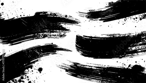 Grunge black paint brush strokes set offers versatile elements for creative projects, backgrounds, banners, or digital artwork.