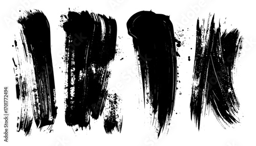 Grunge black paint brush strokes collection for creative projects, banners, artistic backgrounds, and digital design elements.