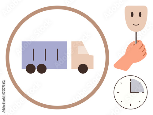 Abstract truck illustration, hand holding a mask, and clock element symbolizing logistics, identity, time management, transportation, efficiency, emotions, and workflow in simple flat metaphor