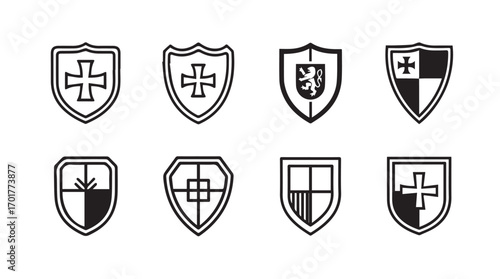 Collection of eight medieval heraldic shield emblems in a black and white silhouette style